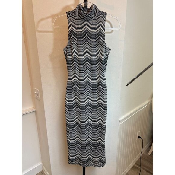 NWT Ramy Brook Peggy Mock Neck Sleeveless Tube Dress‎ Black Chevron Knit Midi, S - Picture 10 of 11